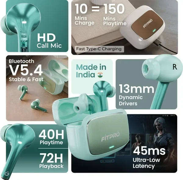Fitpro Master Earbuds 2 Premium Design Tws Bluetooth 5.4, 72H Playtime, Bluetooth (Green, True Wireless) 2