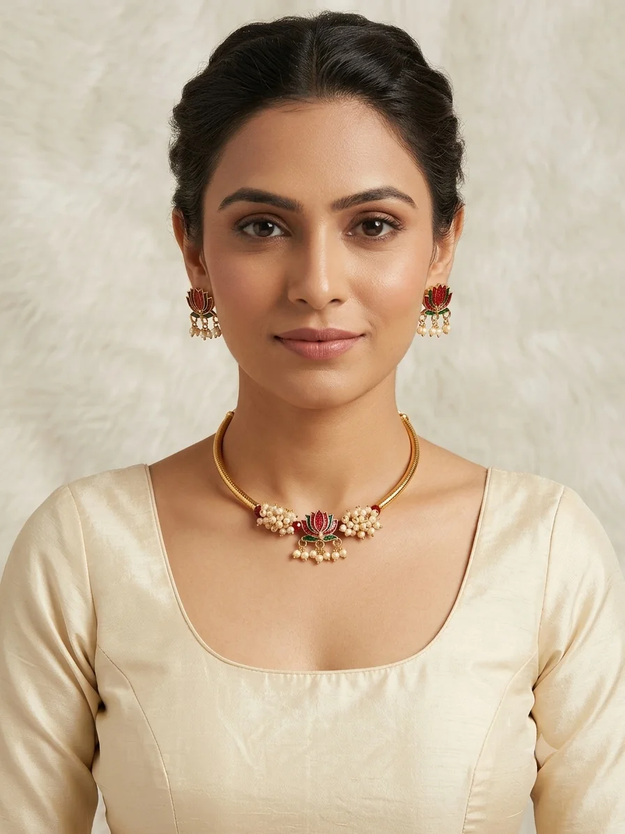 lotus-motif choker and earring set