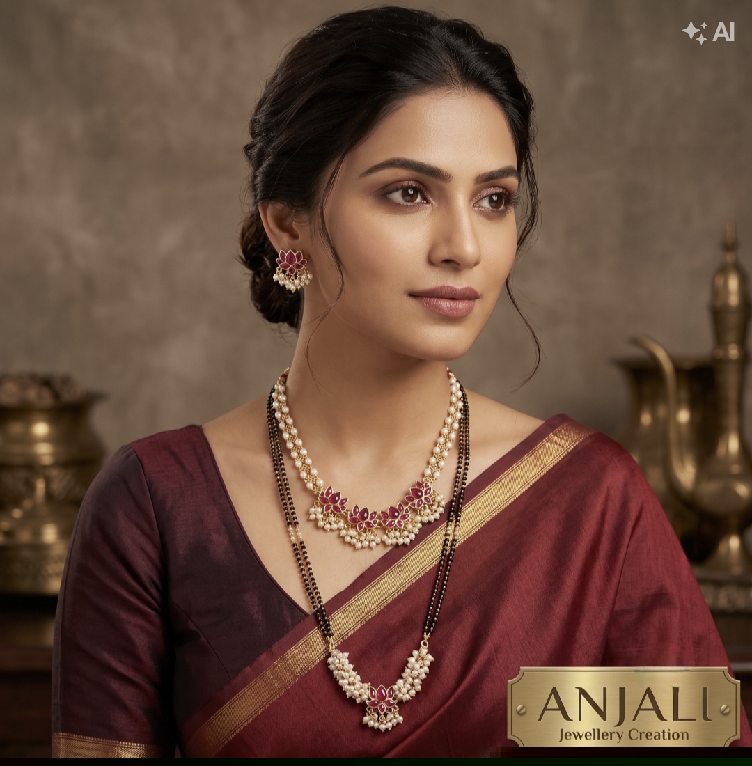 Elegant Ruby-Lotus Mangalsutra & Pearl Set