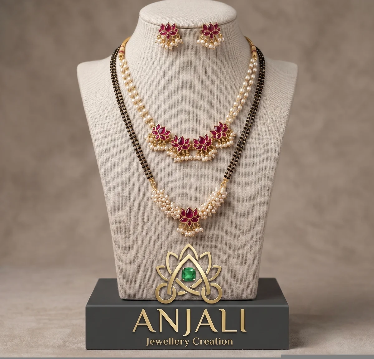 Elegant Ruby-Lotus Mangalsutra & Pearl Set 2