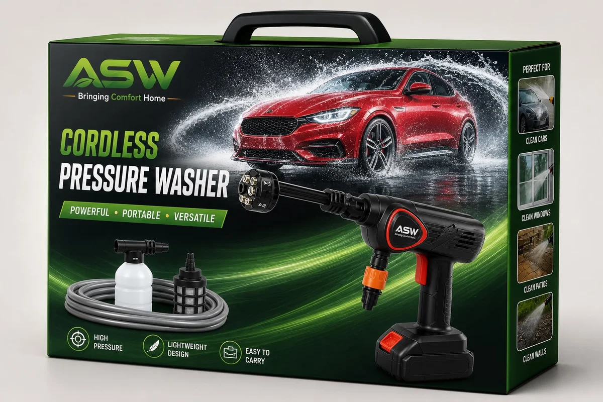 ASW Cordless Pressure Washer, a portable hand-held power cleaning tool designed for household and vehicle maintenance tasks.