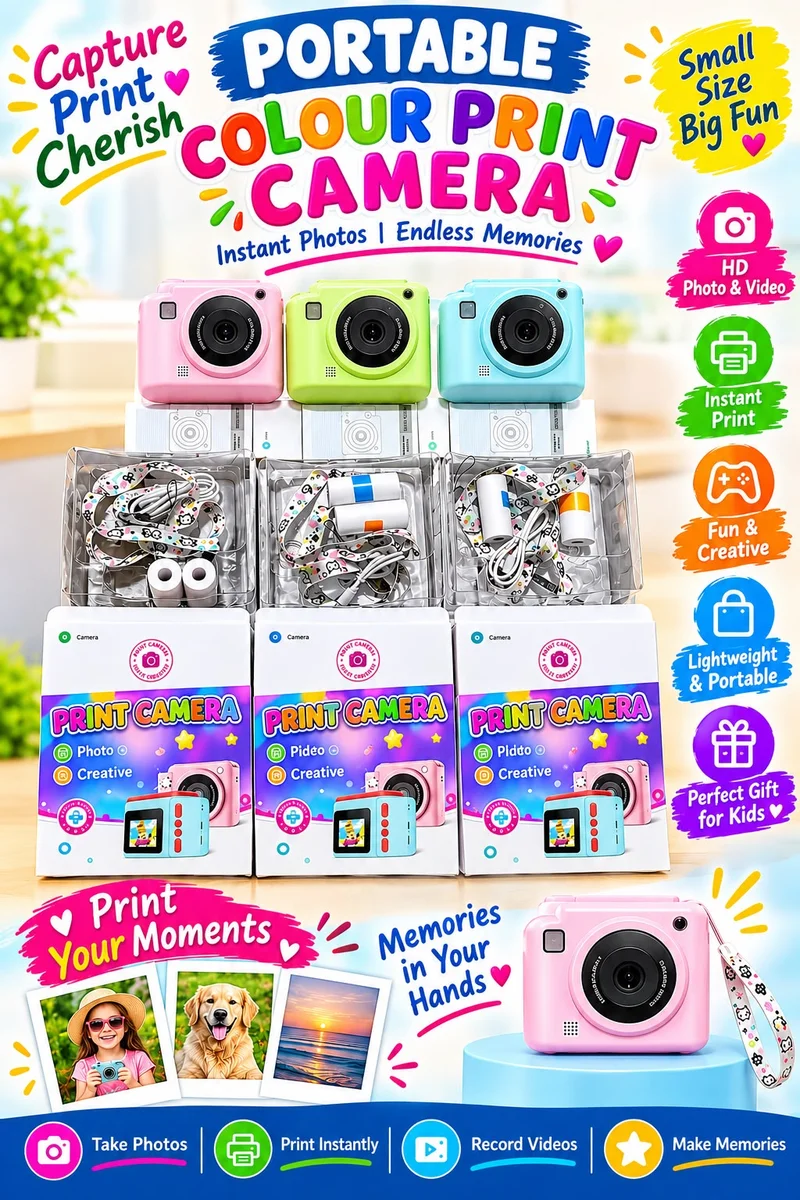 Cute Mini Instant Print Camera for Kids & Adults | Photo Printing | Rechargeable | Screen Display | Games | Music