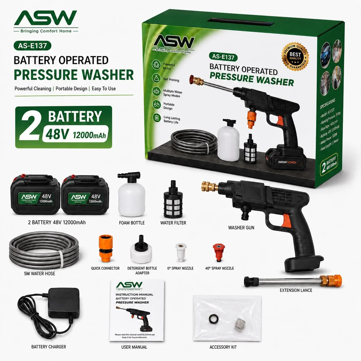 ASW AS-E137 Battery Operated Pressure Washer along with its complete kit packaging and included accessories.