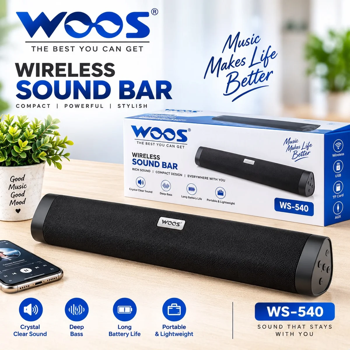 Woos WS-540 Wireless Sound Bar, featuring its distinct, compact audio
