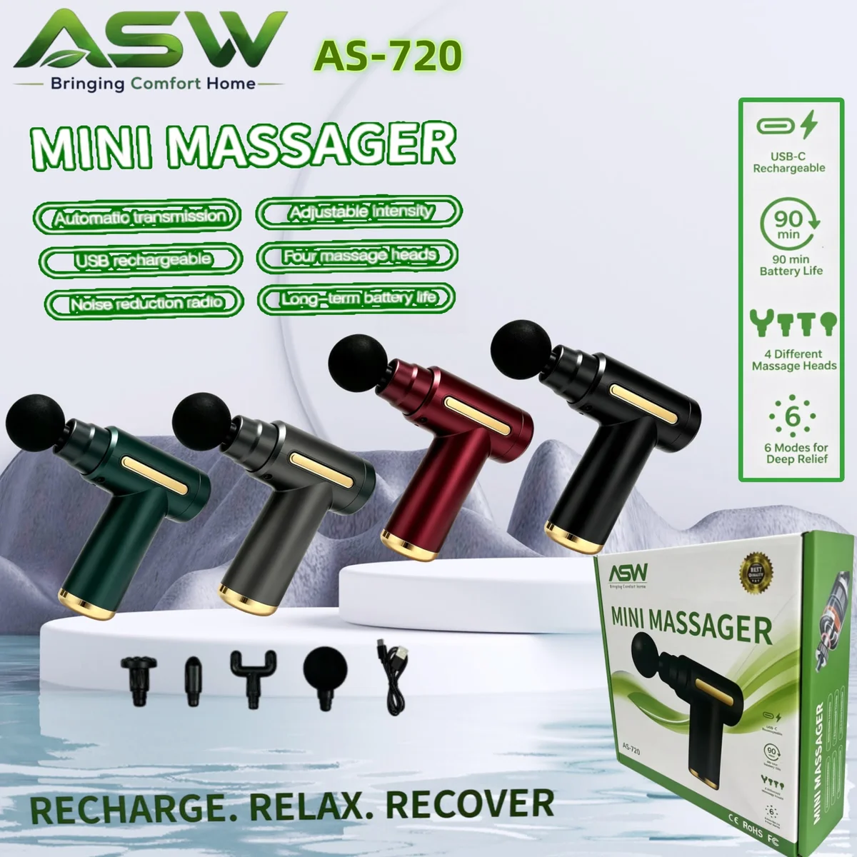 ASW AS-720 Mini Massager, a compact massage gun designed for deep muscle relief.