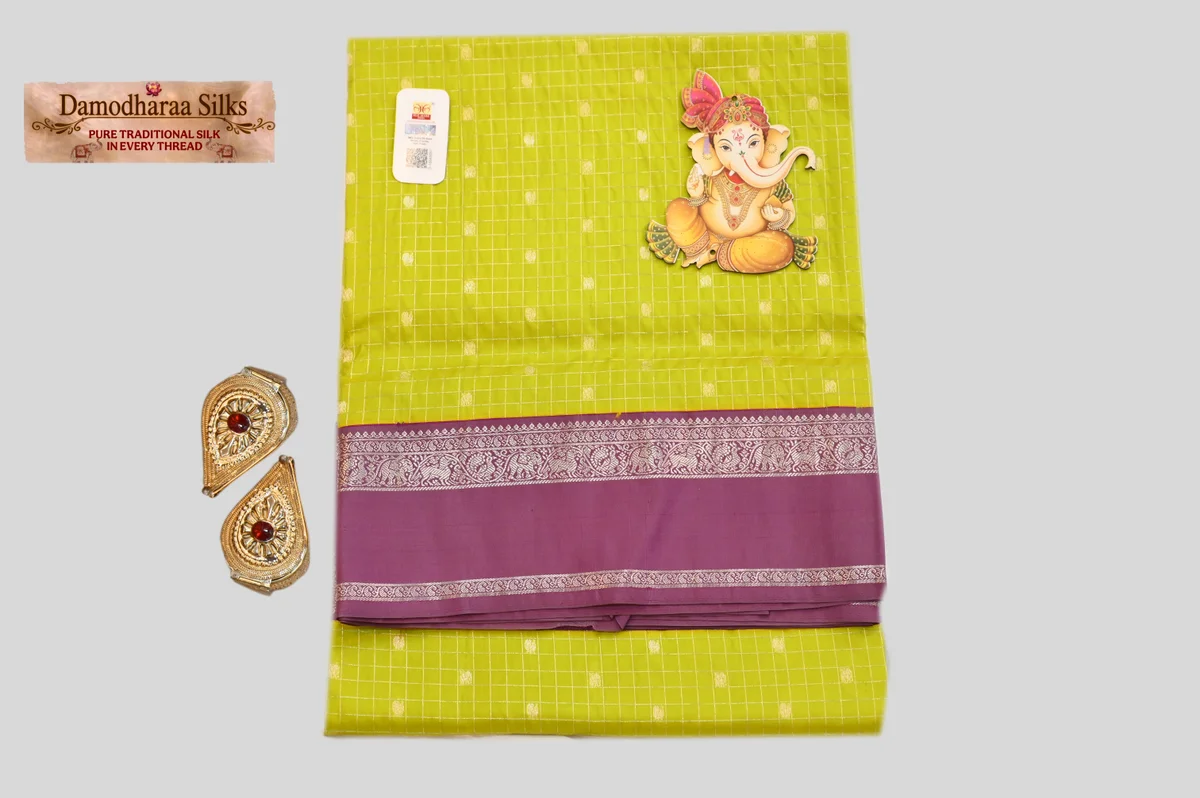 Lime Green Traditional Silk Saree with Elegant Lavender Zari Border