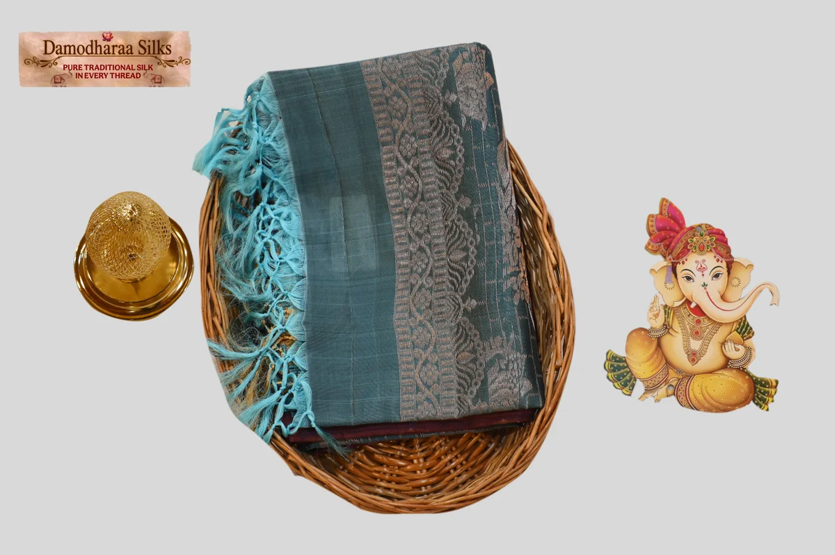 Elegant Dual-Tone Silk Saree in Teal Blue & Maroon with Gold Border