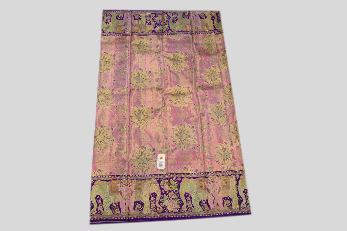 Pink Floral Designer Saree with Golden Zari Weaving | 1gm Gold Finish