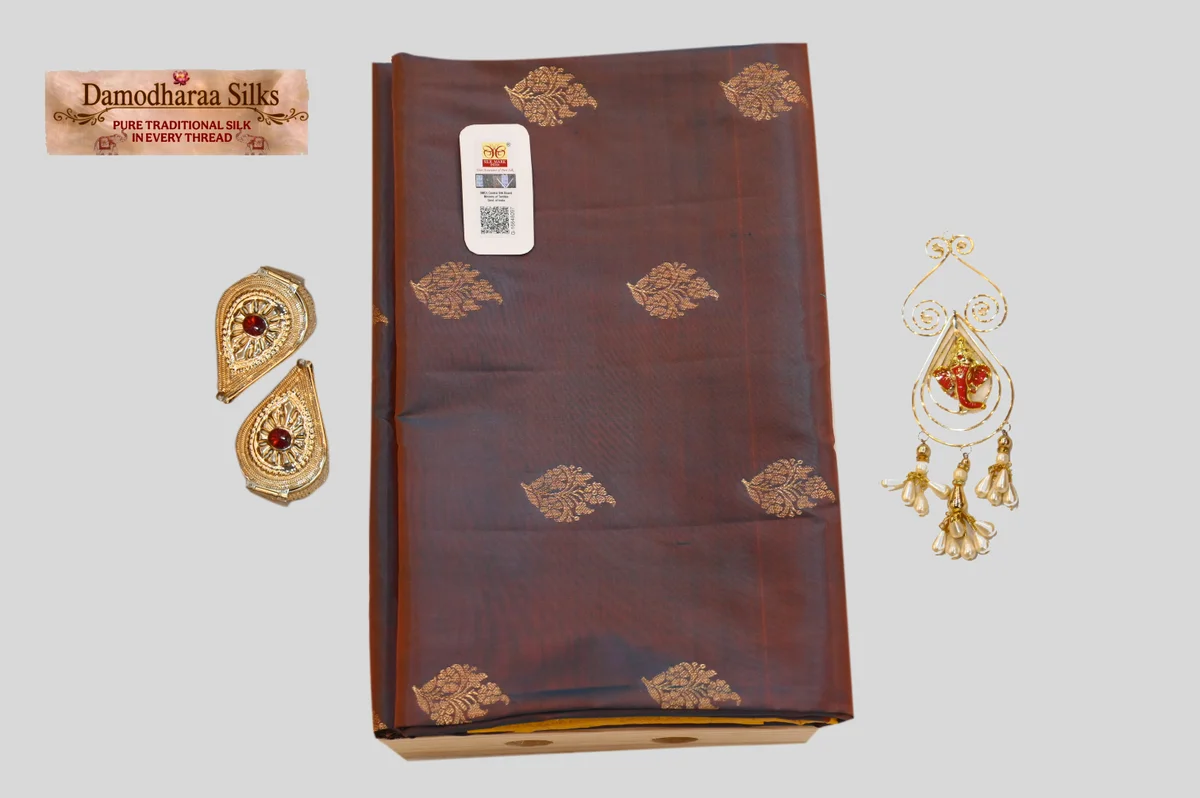 Elegant Chocolate Brown Silk Saree with Golden Yellow Border