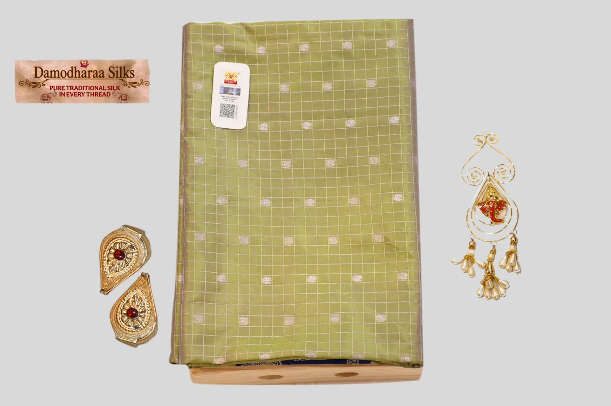 Elegant Olive Green Silk Saree with Royal Blue Border