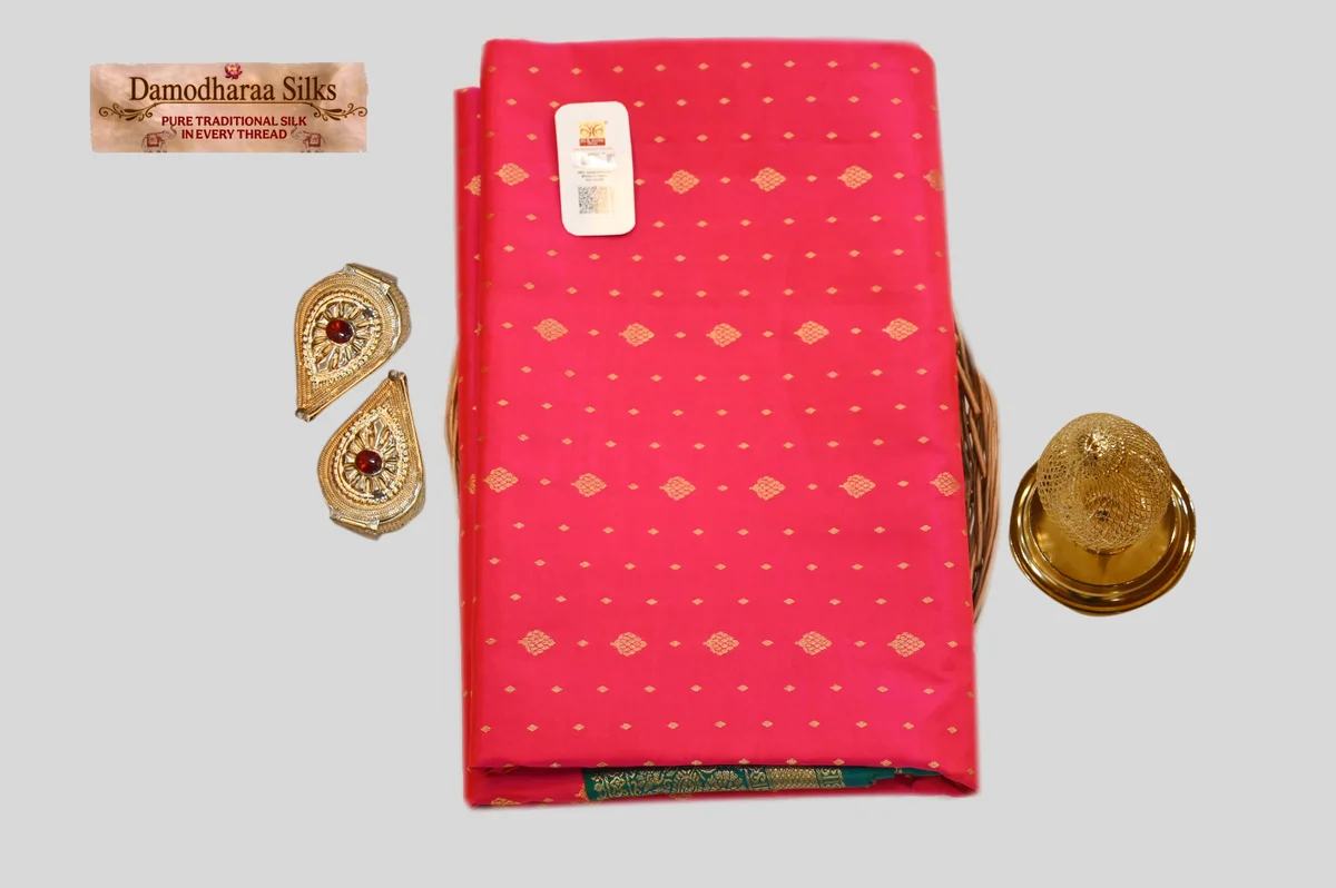 Bright Pink Silk Saree with Teal Green Zari Border