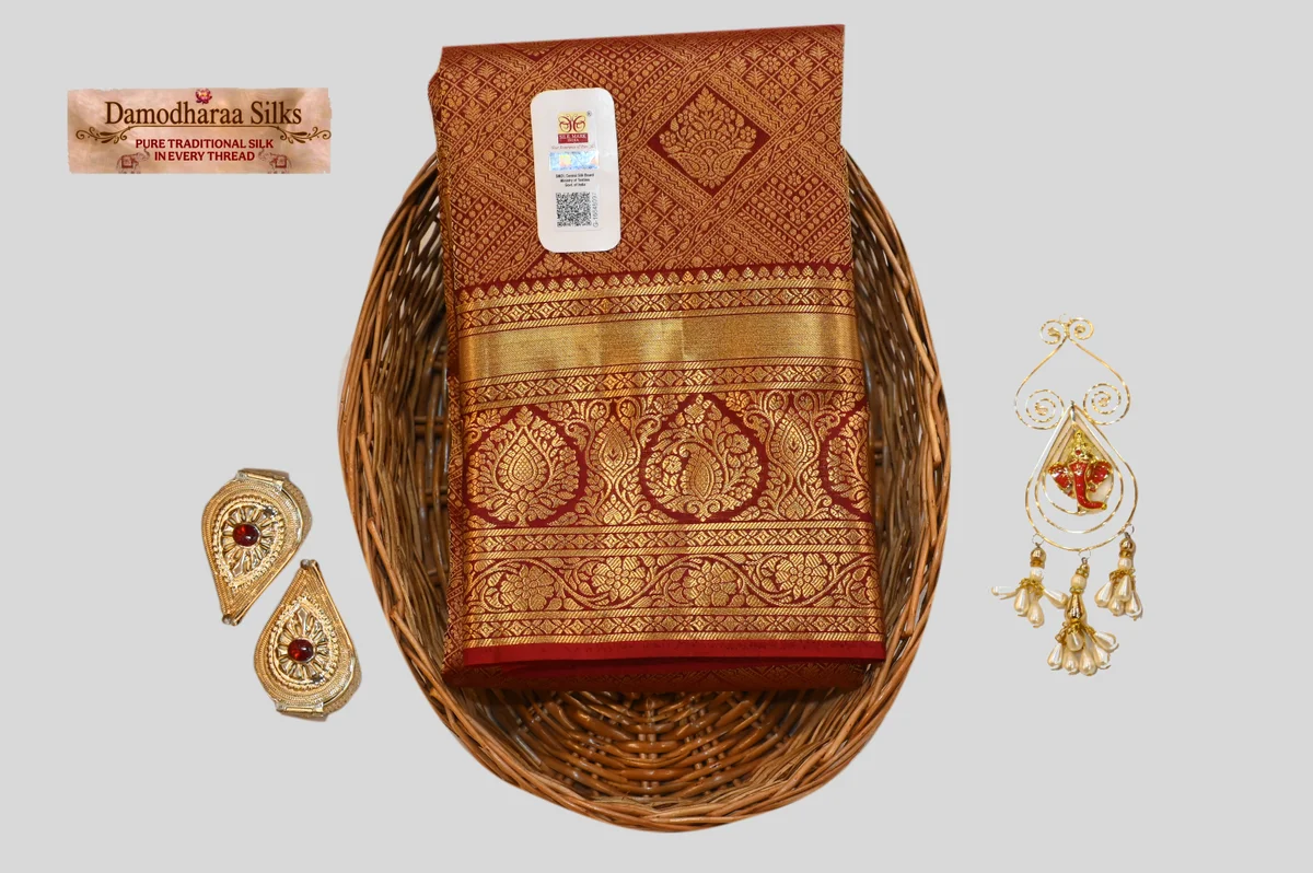 Royal Maroon Kanchipuram Silk Saree with Rich Gold Zari Temple Border
