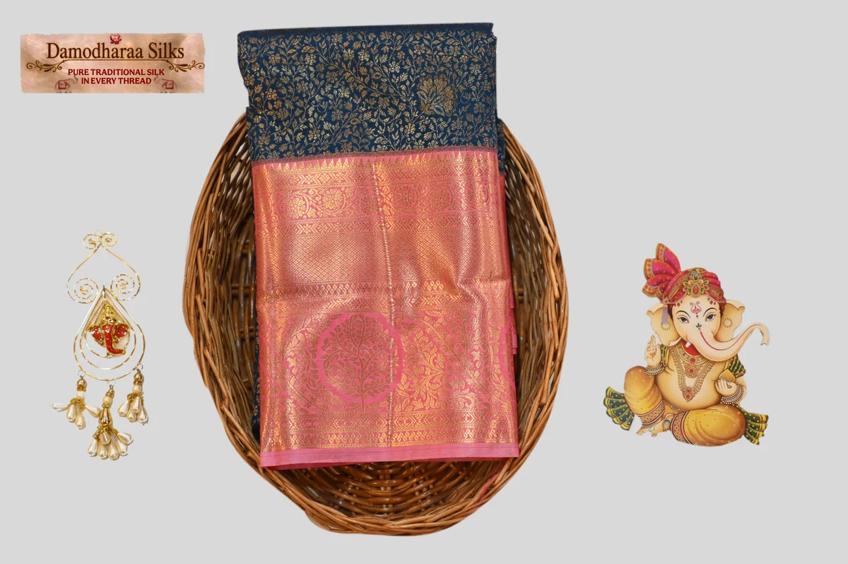 Navy Blue Pure Silk Saree with Pink Zari Border & Floral Weaving | Premium Traditional Wedding Saree | Damodharaa Silks