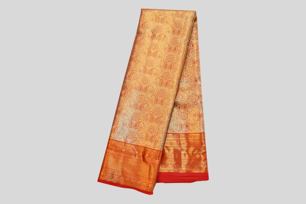 Classic Gold Kanchipuram Silk Saree with Red Border & All-Over Paisley Zari