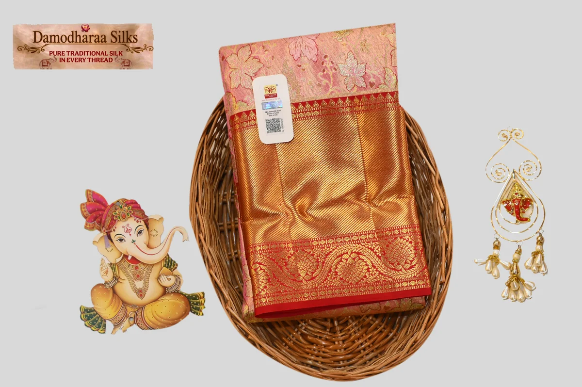 Elegant Peach Floral Kanchipuram Silk Saree with Rich Gold & Red Zari Border