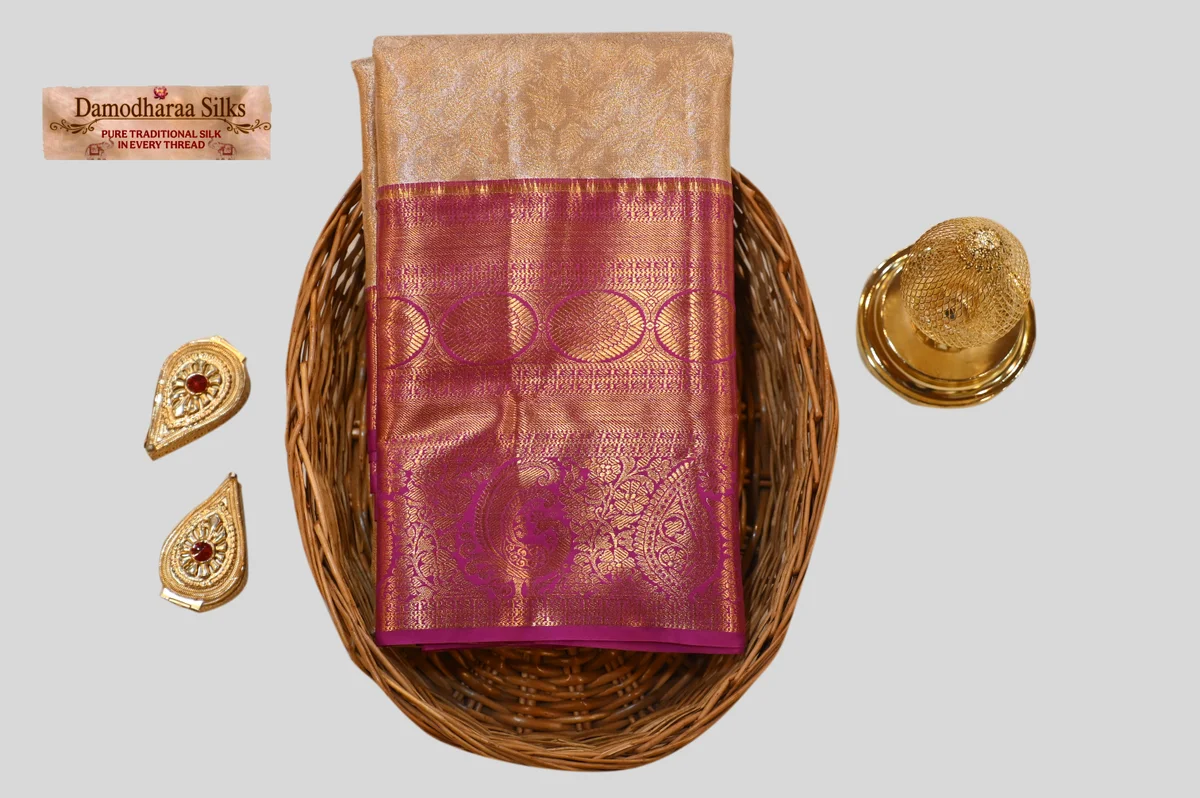 Premium Gold Pure Silk Saree with Contrast Pink Zari Border | Designer Wedding & Festive Silk Saree | Damodharaa Silks