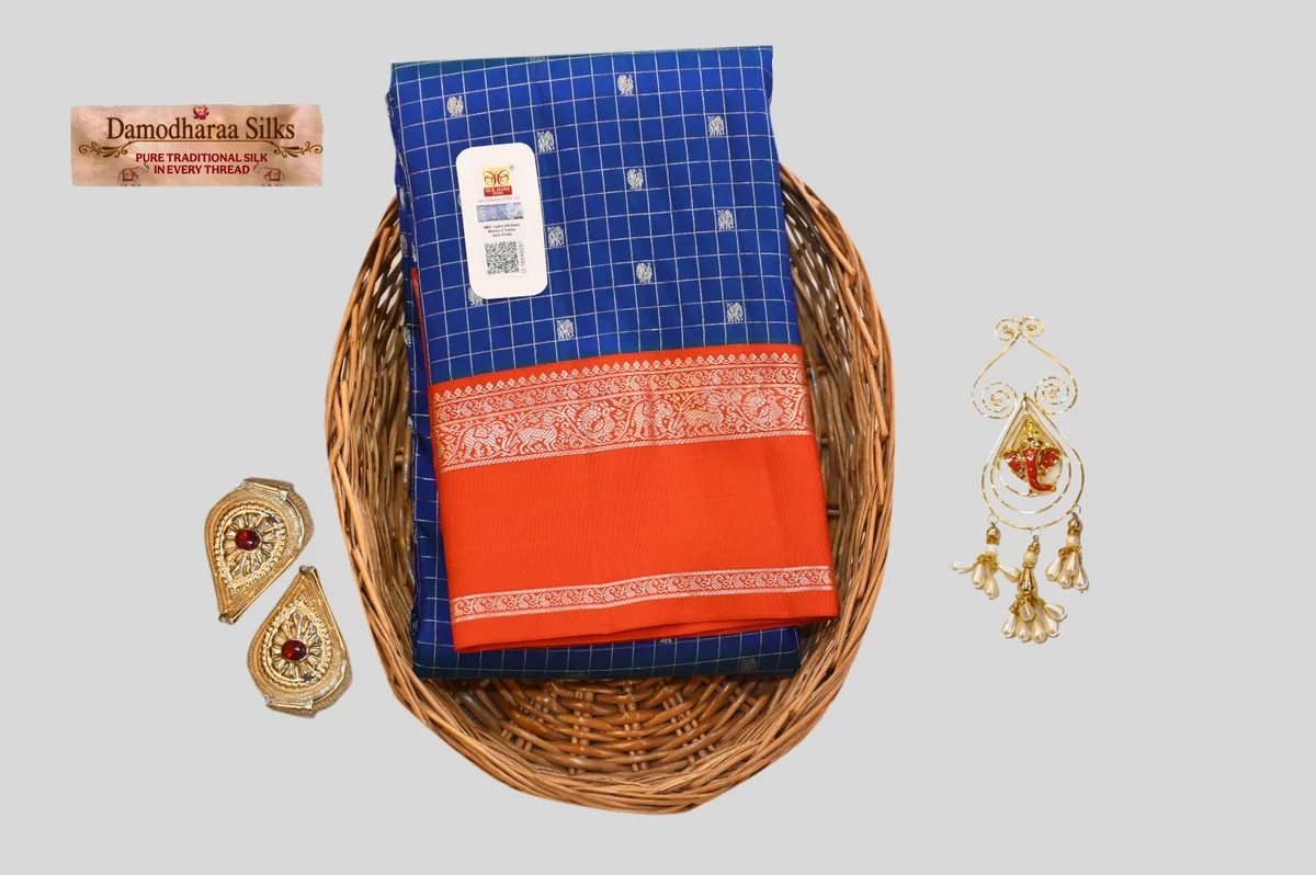 Royal Blue Silk Saree with Orange Zari Border