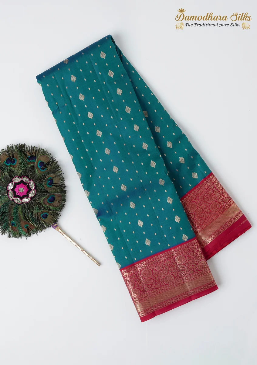 Kanchipuram Silk Saree | Teal Green & Pink | Gold Zari Border | Traditional Festive Wear