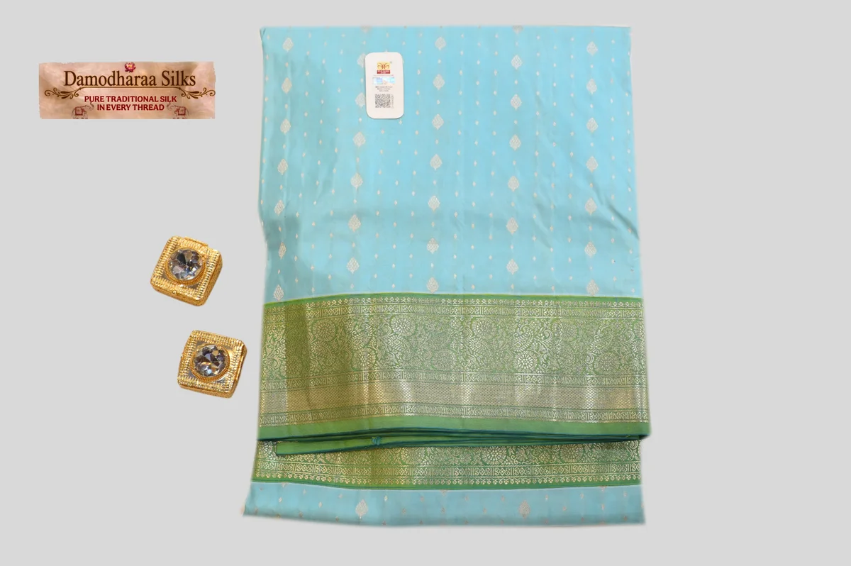 Sky Blue Traditional Soft Silk Saree with Green Zari Border