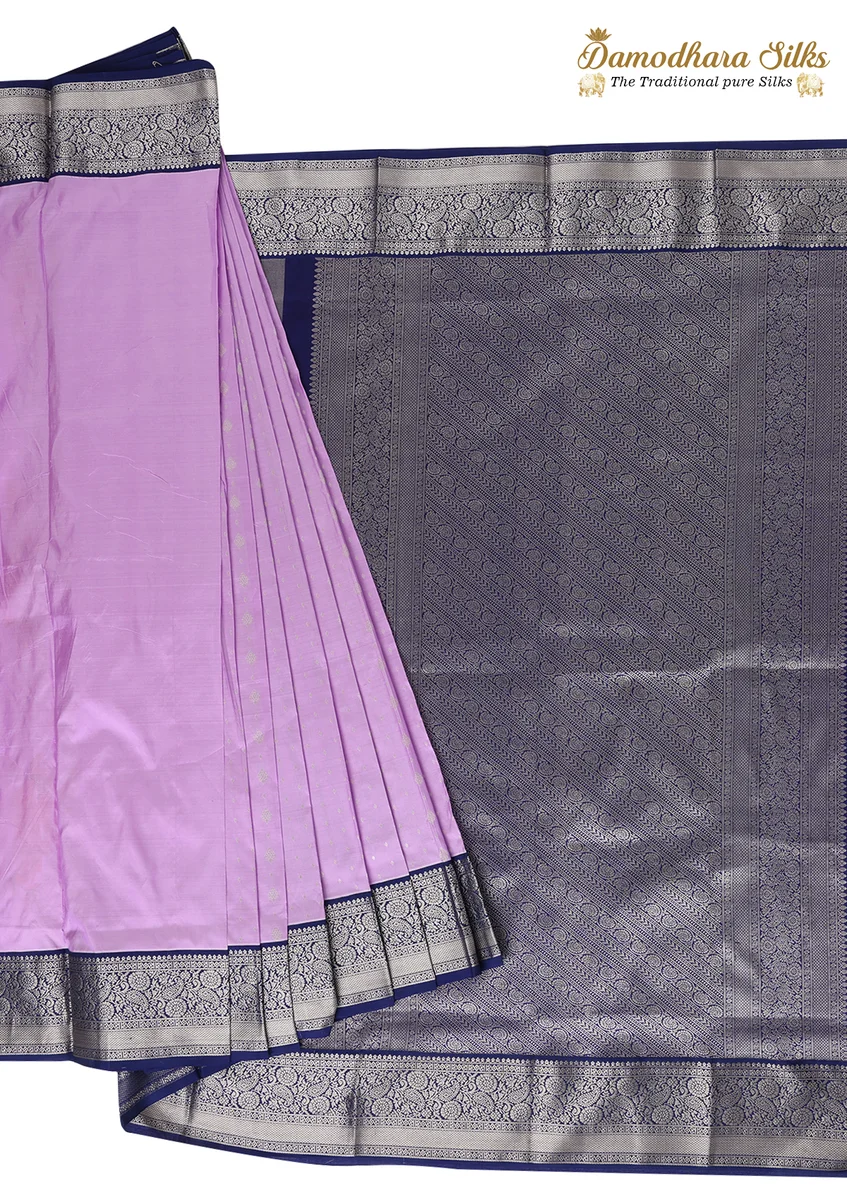 Kanchipuram Silk Saree | Lavender & Navy Blue | Silver Zari Border | Traditional Elegant Wear