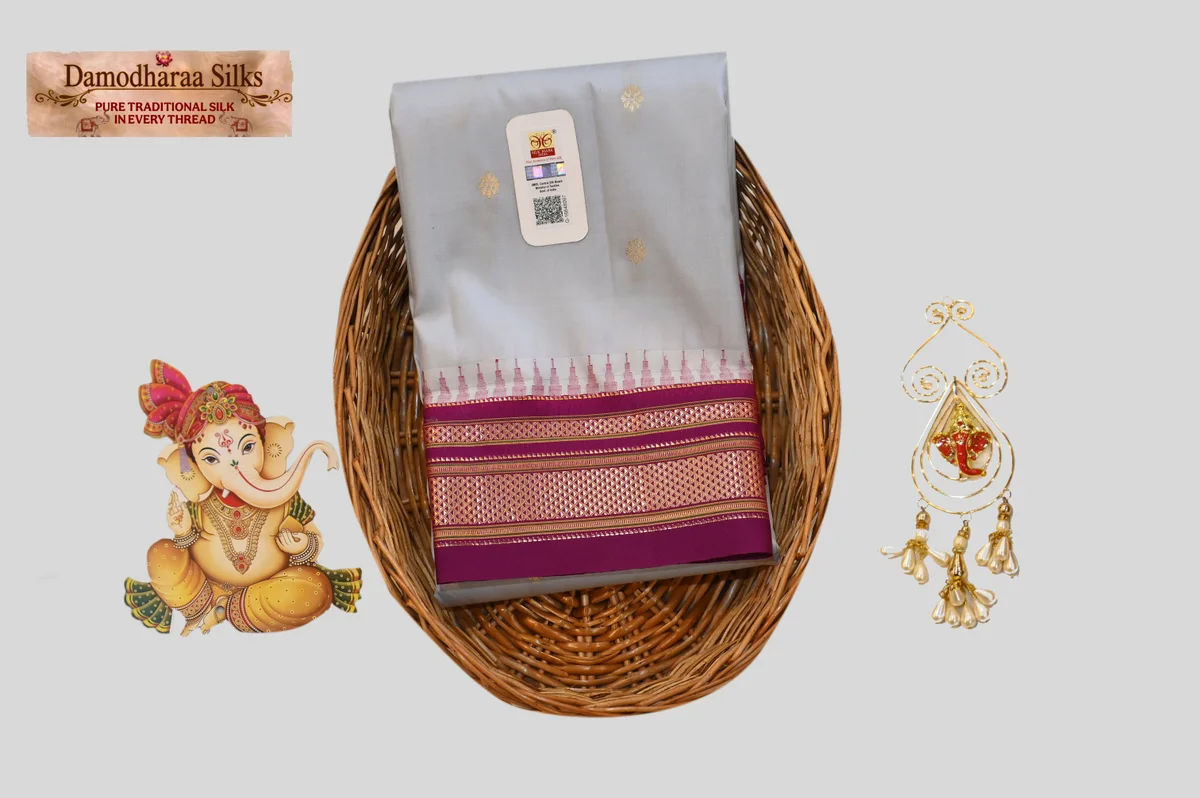 Elegant Silver Grey Silk Saree with Gold Butta & Magenta Zari Border
