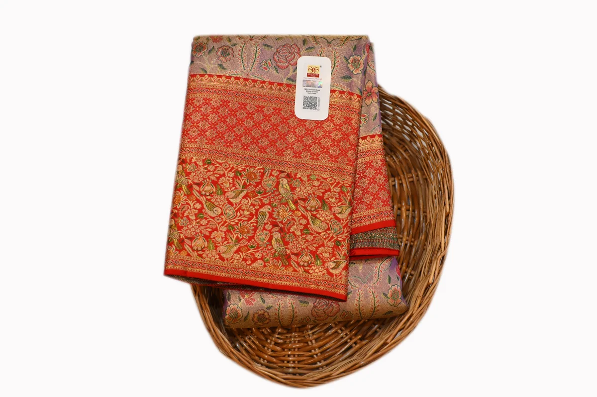 Elegant Grey Banarasi Saree with Red Floral Zari Border | 1gm Gold Finish
