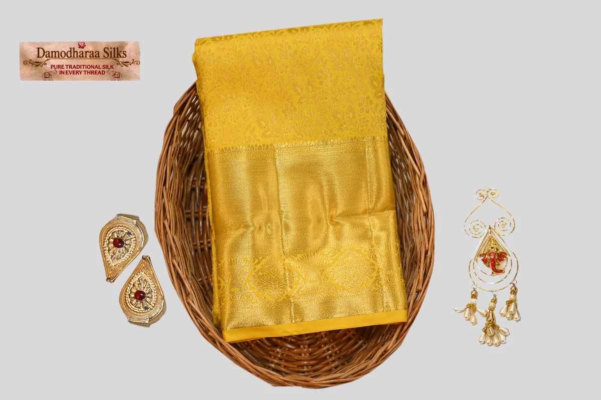 GOLDEN Yellow Kanchipuram Silk Saree with Elegant Self Zari Weaving