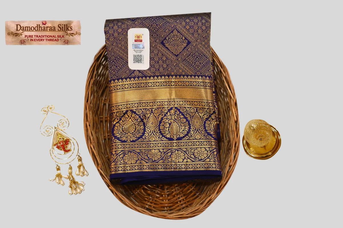 Royal Indigo Blue Silk Saree with All-Over Gold Zari Checks & Rich Traditional Border