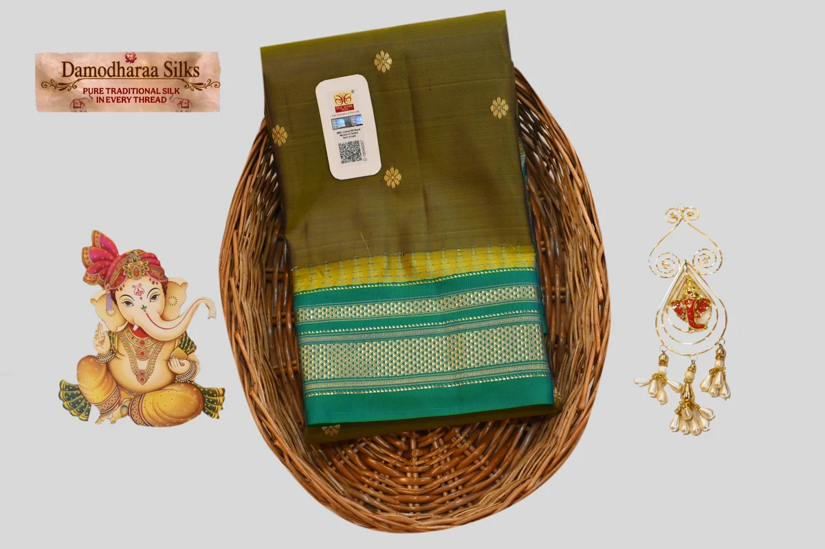 Elegant Olive Brown Silk Saree with Gold Butta & Teal Green Zari Border
