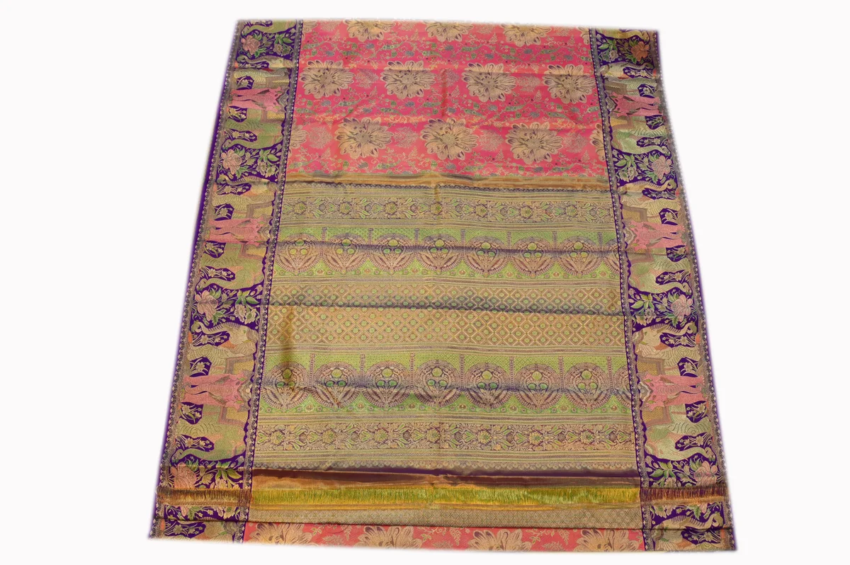 Royal Pink Banarasi Silk Saree with Peacock Zari Border | 1gm Gold Finish