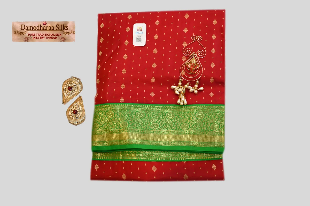 Traditional Red Silk Saree with Green Zari Border