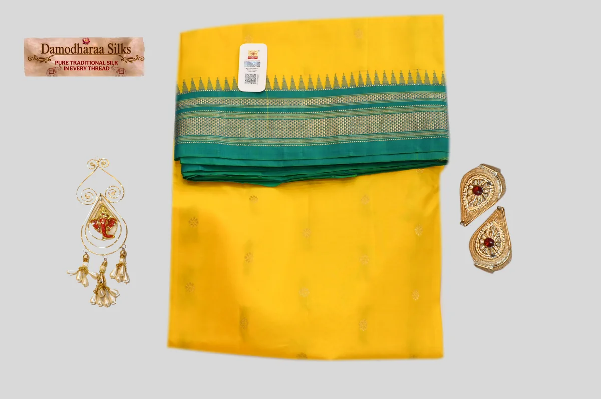 Bright Yellow Silk Saree with Emerald Green Zari Border