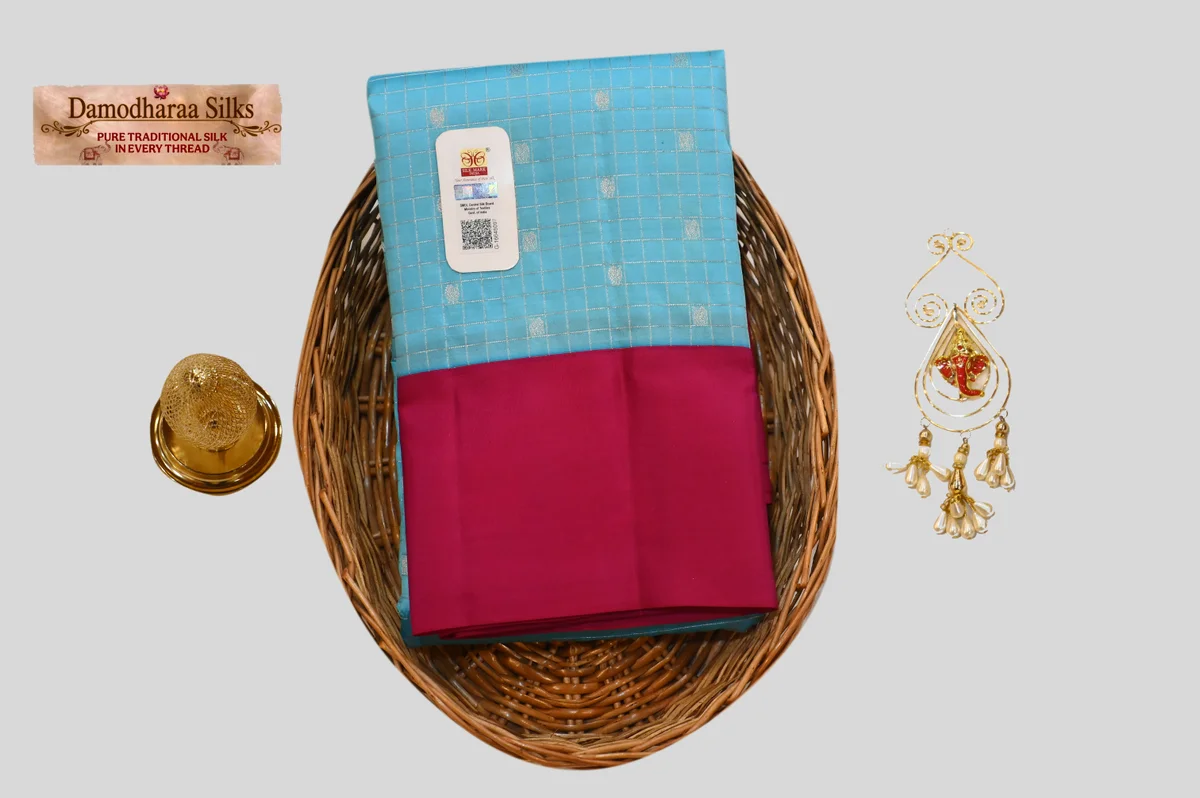 Elegant Sky Blue & Pink Traditional Silk Saree with Checked Design