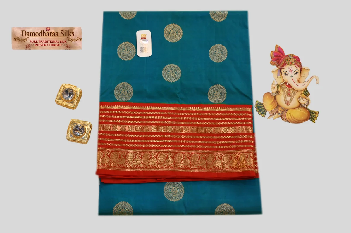 Traditional Teal Blue Silk Saree with Rich Red & Gold Zari Border