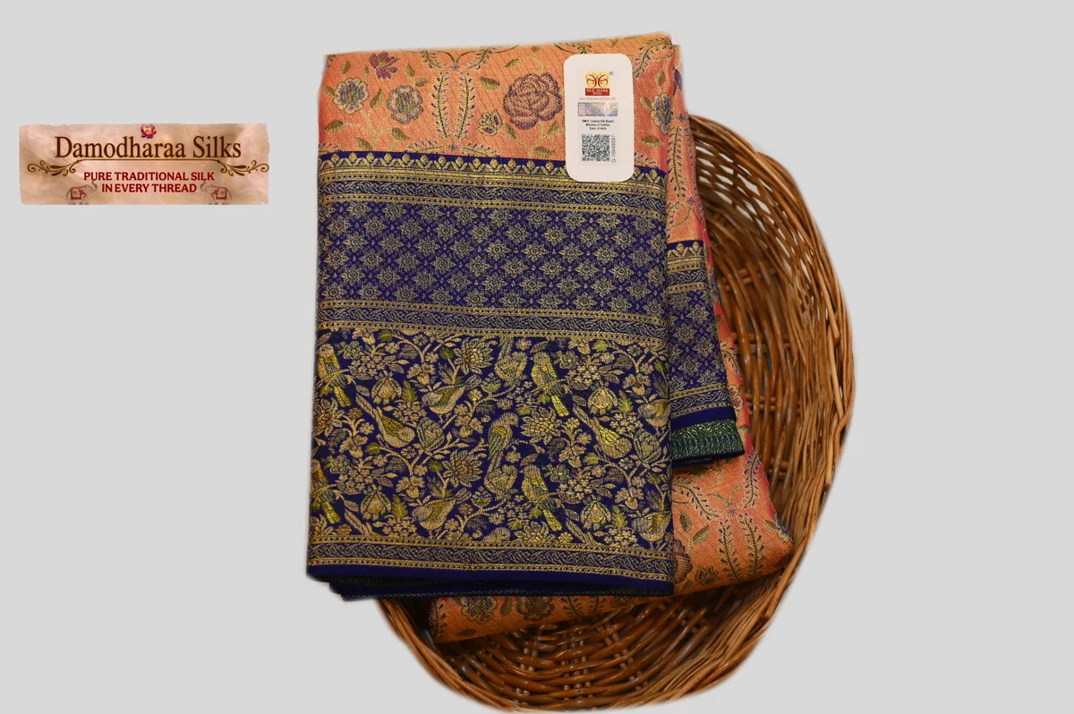 Premium Peach & Royal Blue Silk Saree with 1 Gram Gold Zari Work