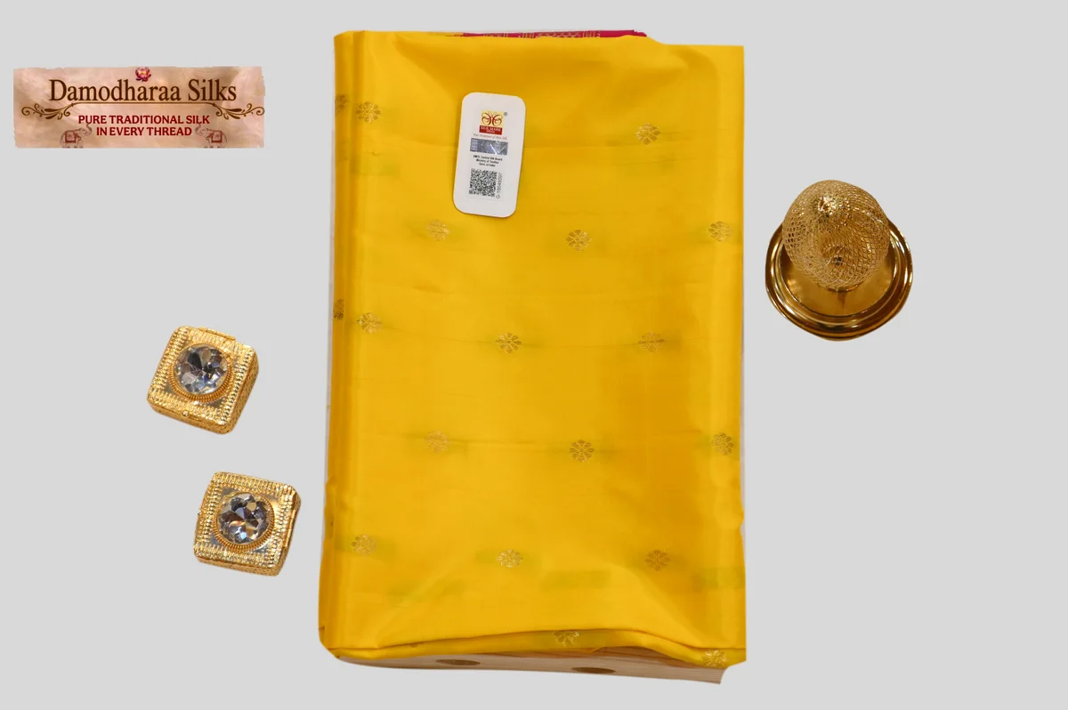 Bright Yellow Silk Saree with Gold Zari Motifs