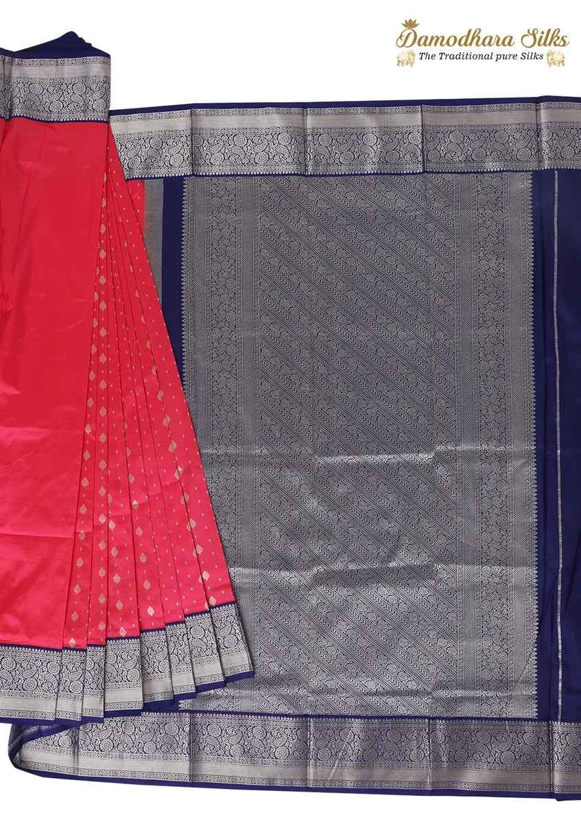 Kanchipuram Silk Saree | Rani Pink & Royal Blue | Silver Zari Border | Traditional Bridal Wear