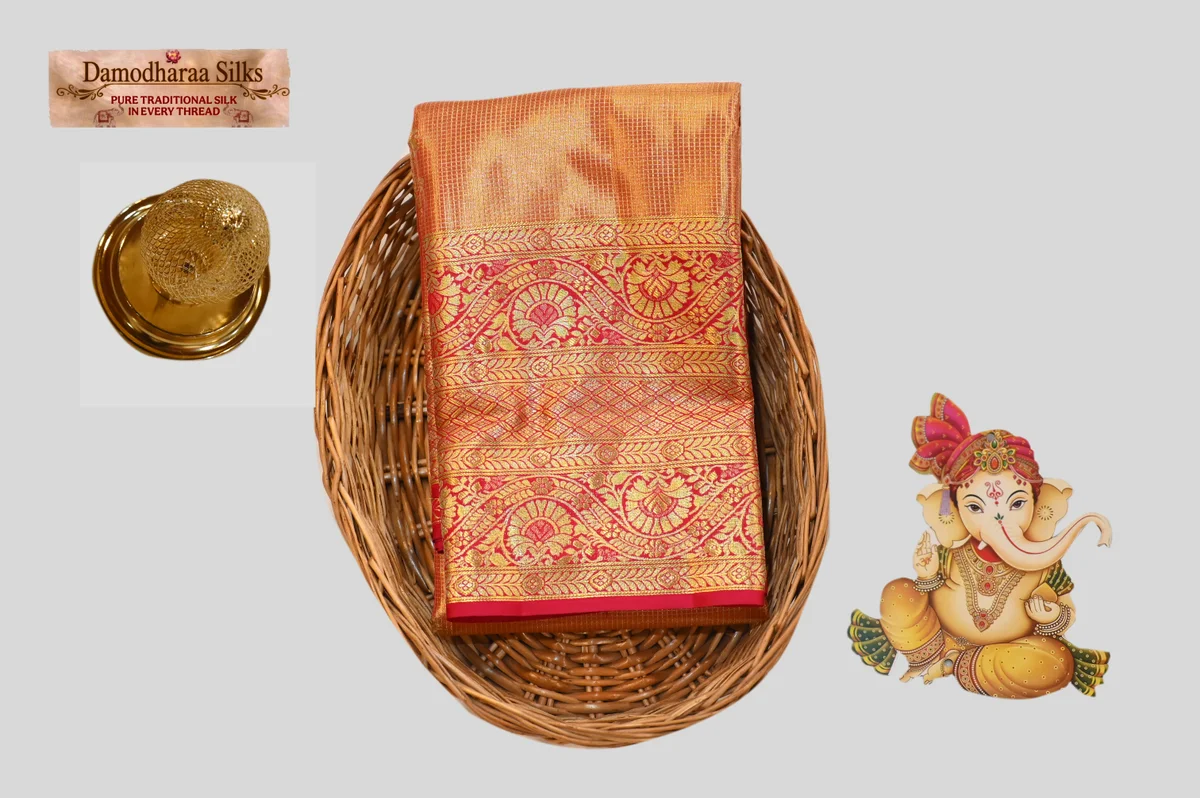 Golden Orange Kanchipuram Silk Saree with Rich Red Zari Border
