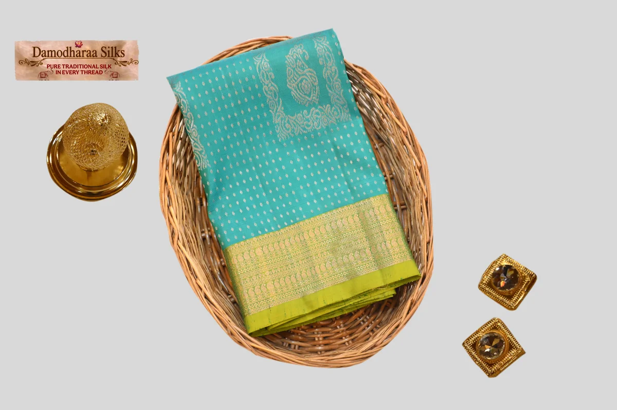 Teal Blue-Green Silk Saree with Gold Zari Butta & Rich Border
