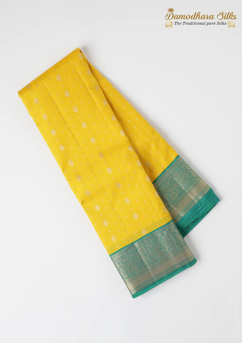 Kanchipuram Silk Saree | Bright Yellow & Sea Green | Gold Zari Border | Traditional Festive Wear