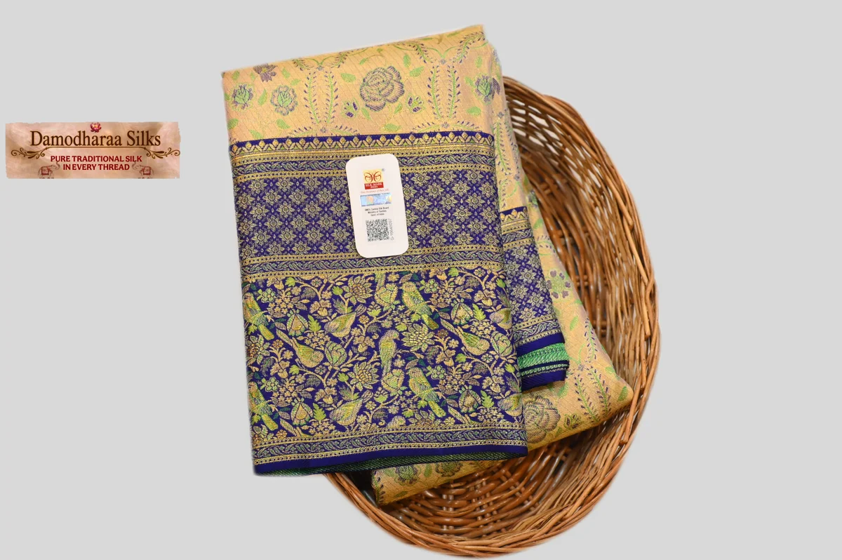 Premium Beige & Royal Blue Silk Saree with 1 Gram Gold Zari Weaving