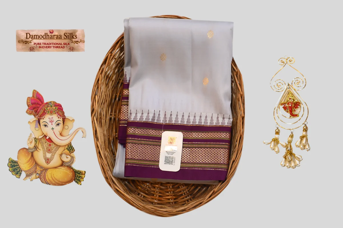 Elegant Silver Grey Kanchipuram Silk Saree with Purple Zari Border