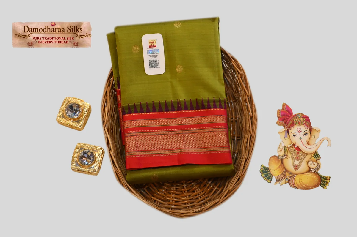 Elegant Olive Green Silk Saree with Red Zari Border