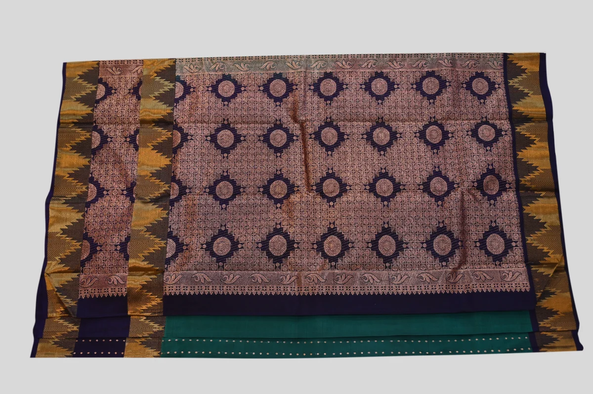 Elegant Bottle Green Silk Saree with Contrast Navy Blue & Gold Zari Border