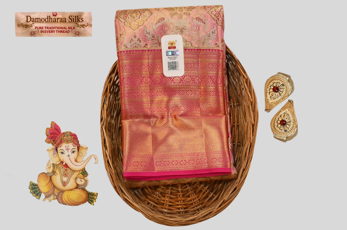 Elegant Peach Pink Kanchipuram Silk Saree with Rich Gold Zari Border