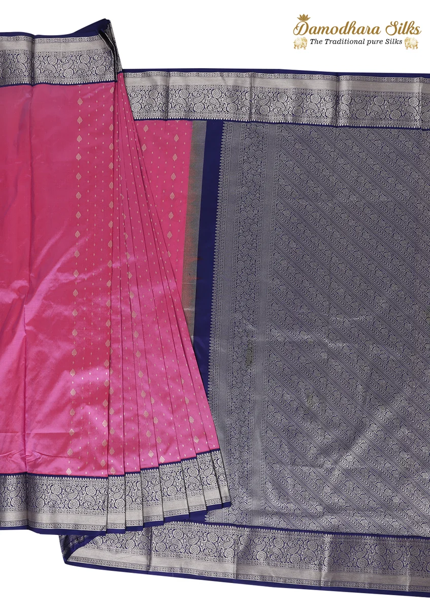 Kanchipuram Silk Saree | Rose Pink & Navy Blue | Silver Zari Border | Traditional Festive Wear