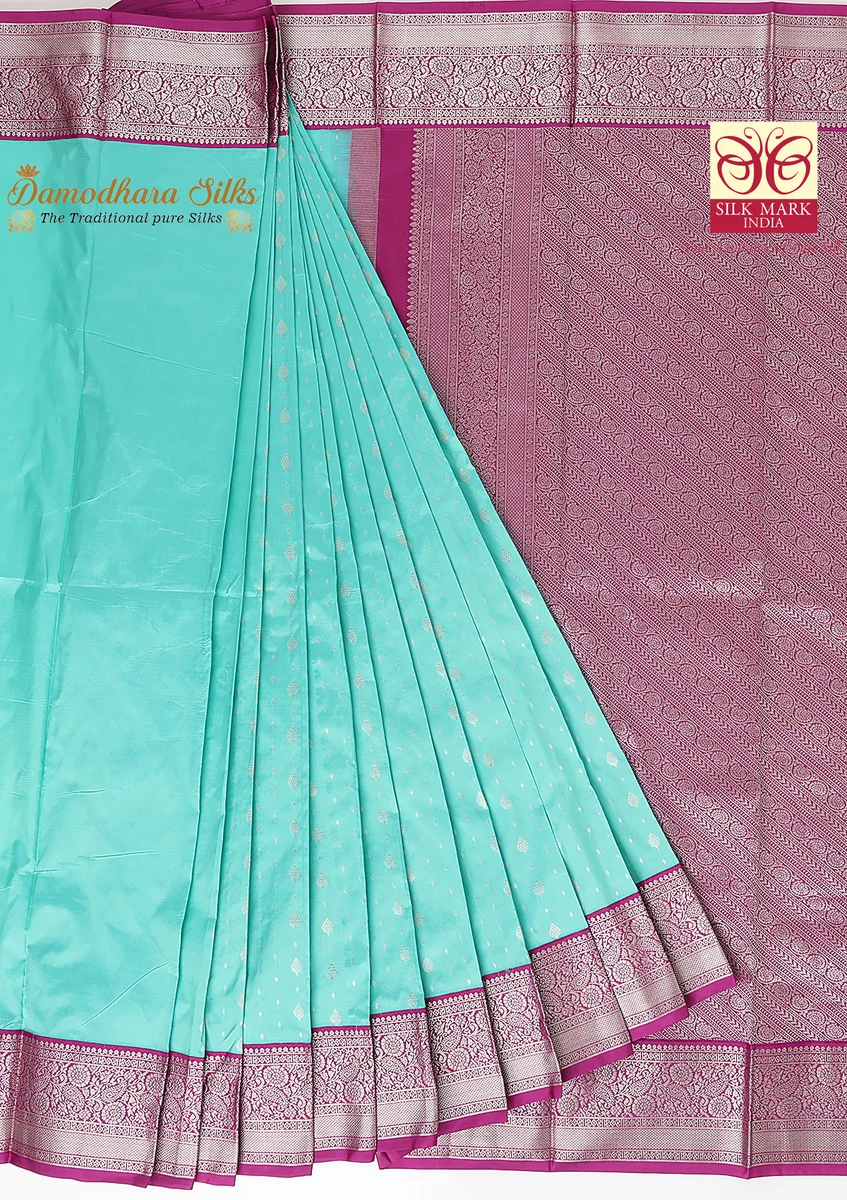 Kanchipuram Silk Saree | Aqua Blue & Magenta Pink | Silver Zari Border | Traditional Festive Wear