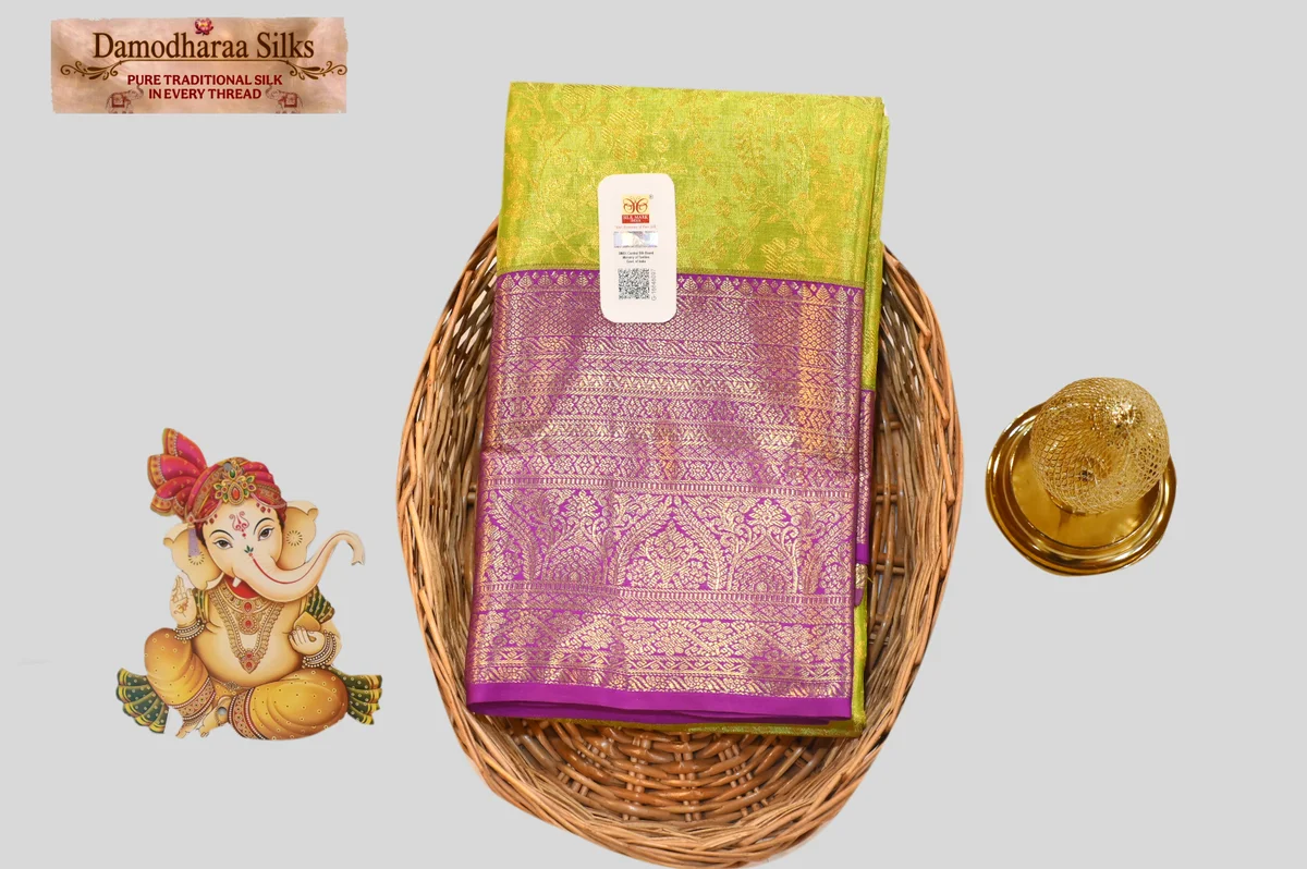 Vibrant Lime Green Kanchipuram Silk Saree with Rich Purple Zari Border