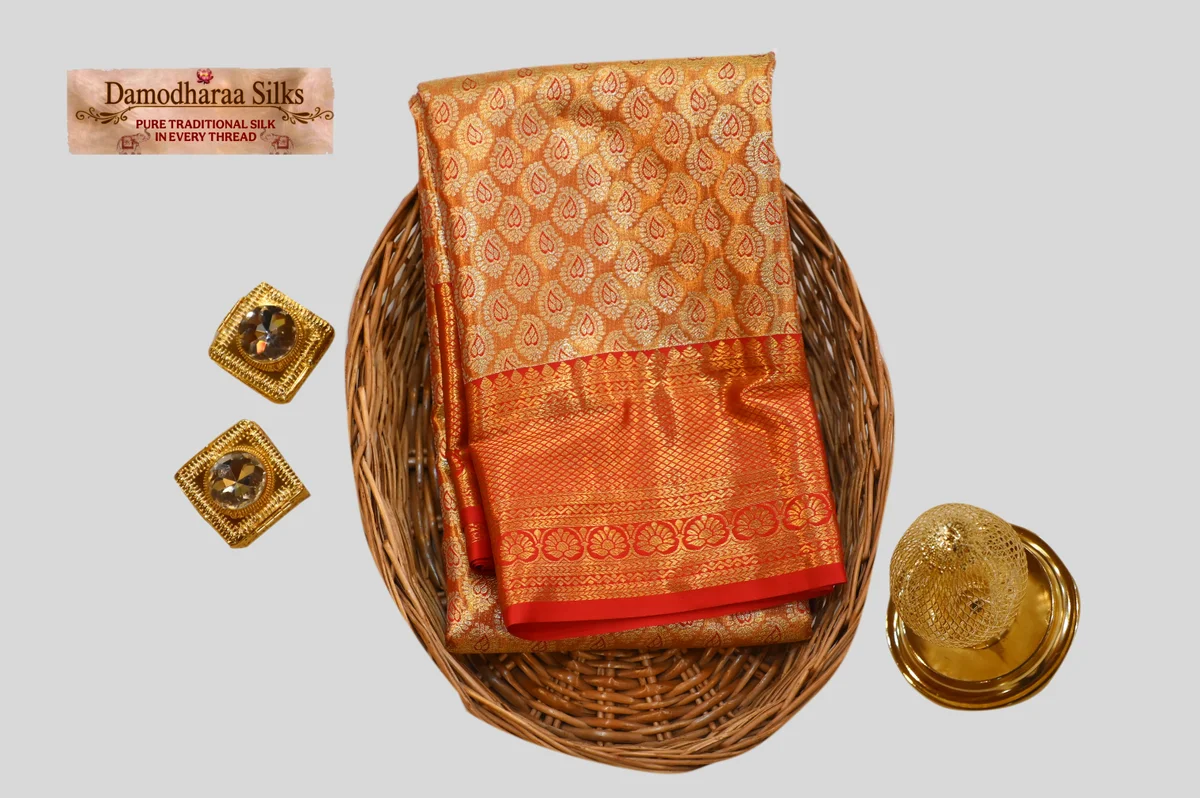 Traditional Gold & orange Kanchipuram Silk Saree with All-Over Butta Design
