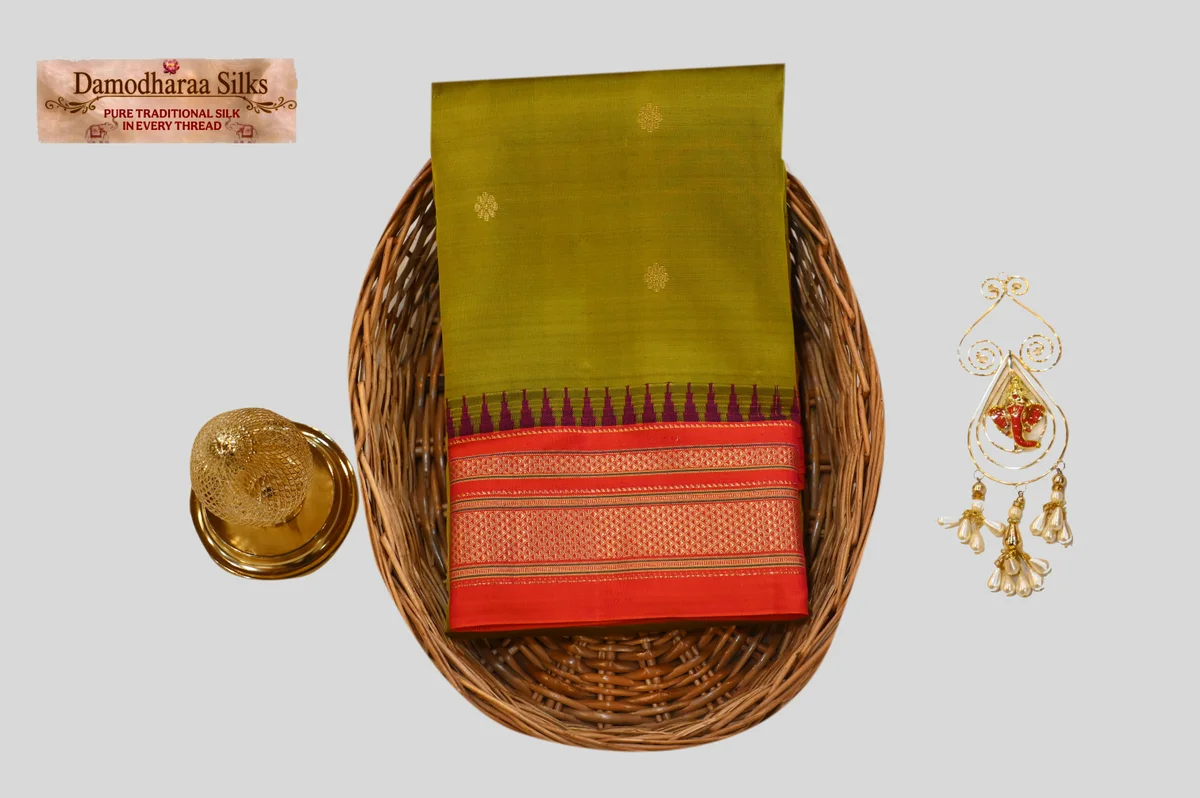 Elegant Olive Green Kanchipuram Silk Saree with Red Zari Border